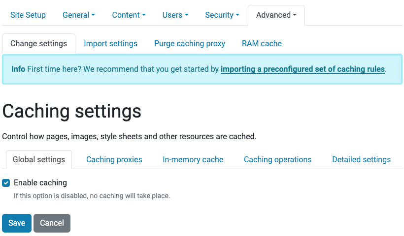 Caching Control Panel with caching enabled