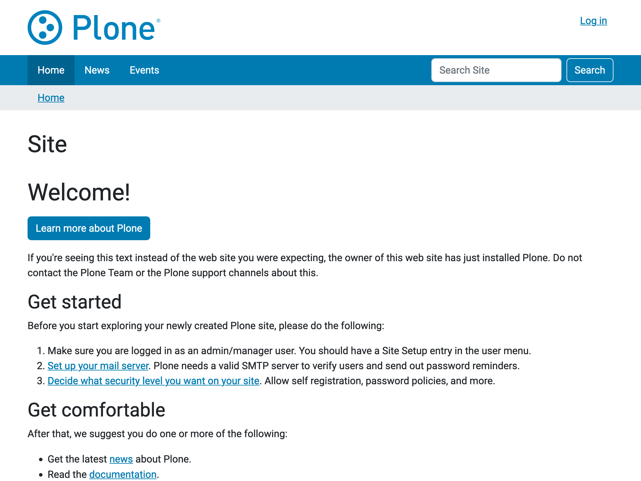 Plone home page in Classic UI