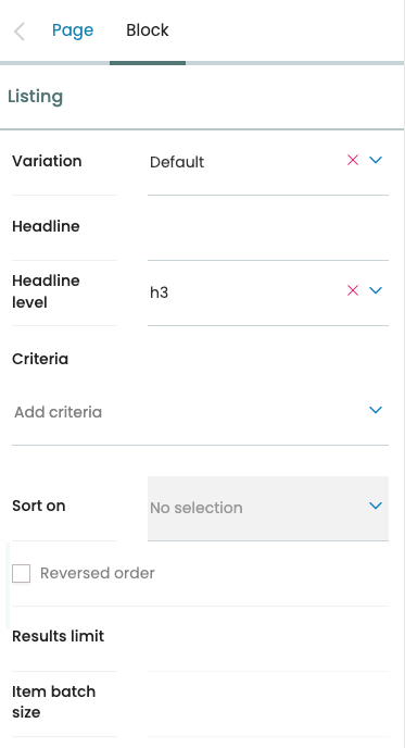 Listing block configuration