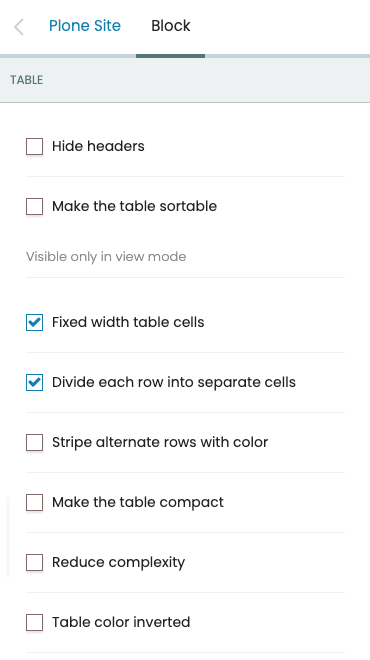 Table block configuration