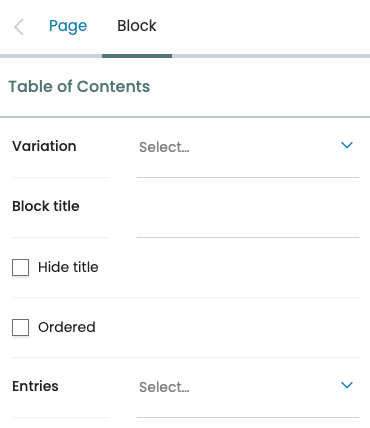 Table of contents block configuration