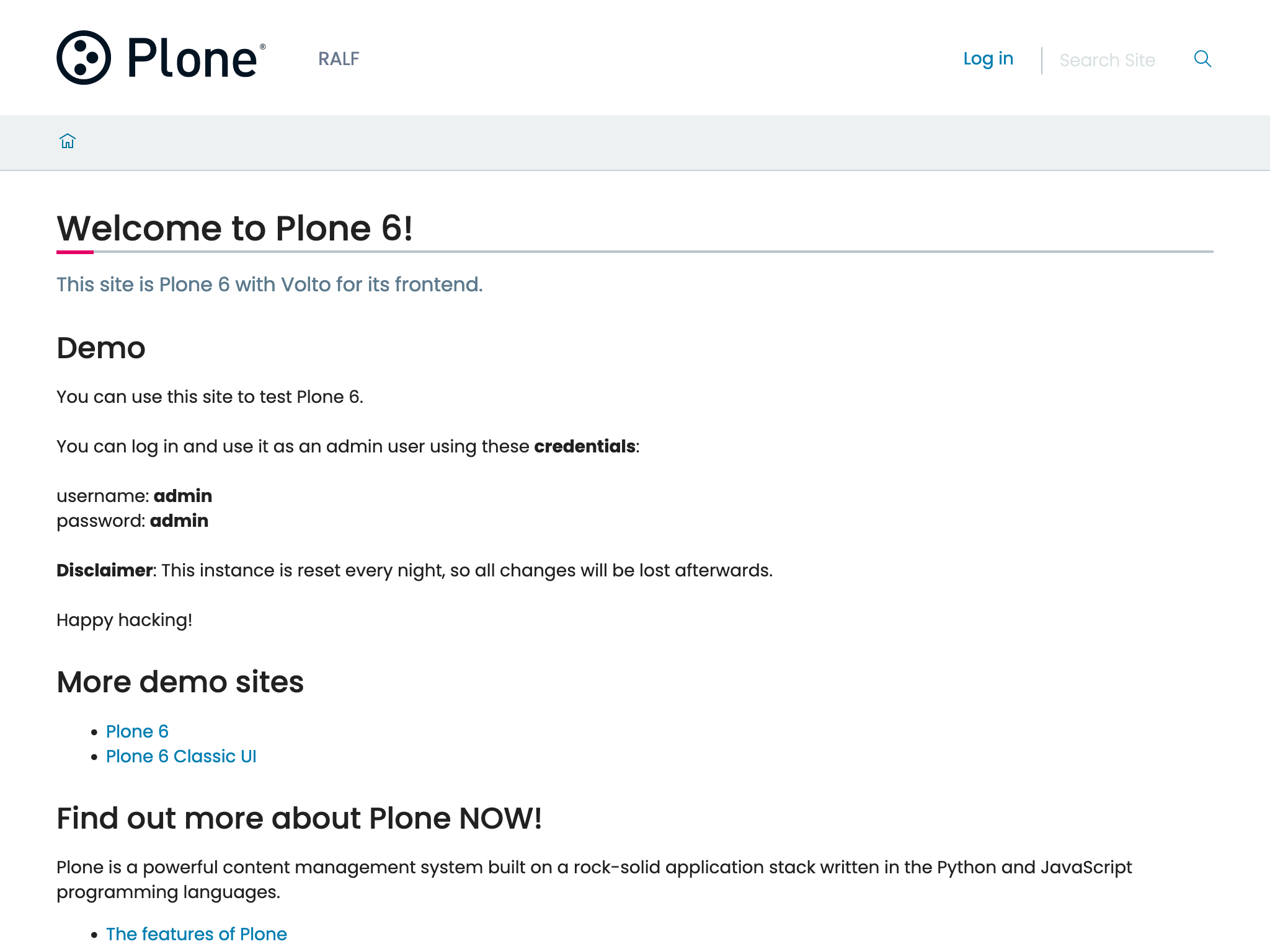 Plone home page in Volto